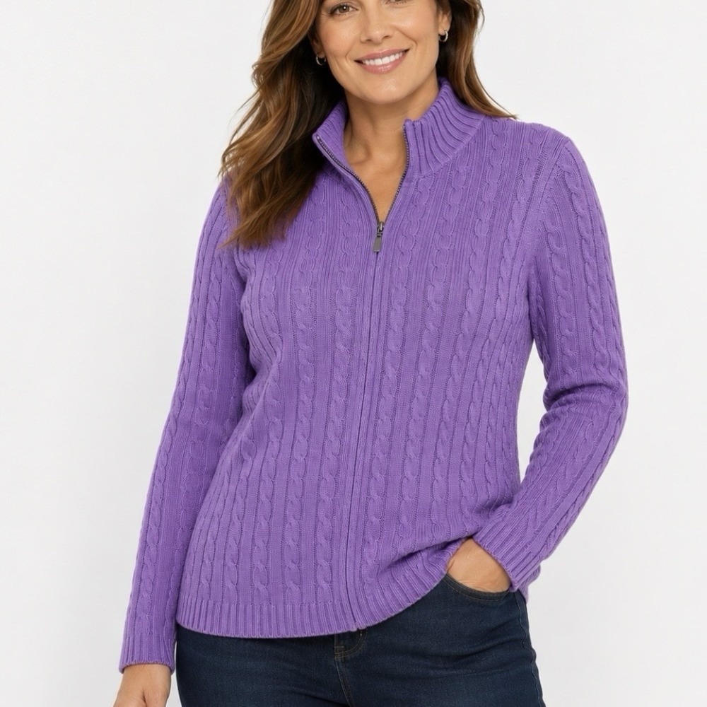 LL Bean Lilac Purple Mock Neck Full Zip Cable Cotton Cardigan Sweater Size LARGE